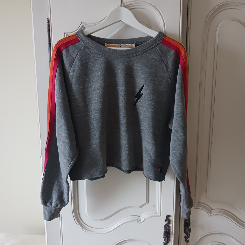 Aviator Nation Gray Sweatshirt with Red and Orange Stripes